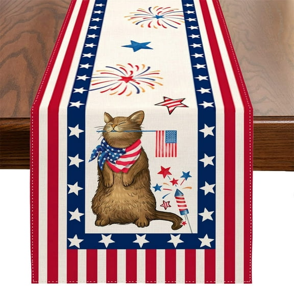 4th of July Patriotic Table Runner, American Flag Theme 100% Flax Linen Indoor Outdoor Kitchen Dining Table Decor, Holiday Centerpiece for Home Party Decorations A