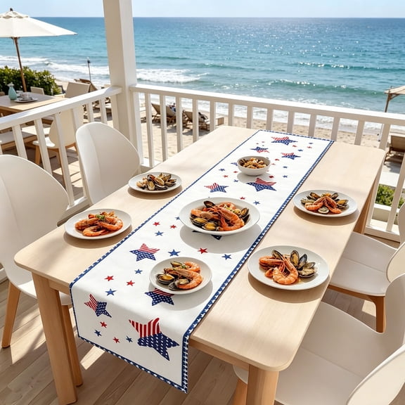 4th Of July Patriotic Table Runner, USA Flag Fabric Table Decor, Soft Rustic Long Strip Mat Lightweight Design for Home Kitchen Dining Room Holiday Party Arrangement