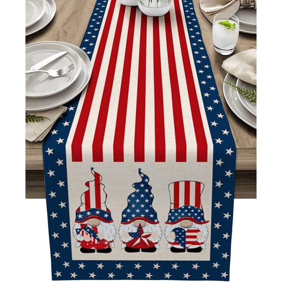4th of July Patriotic Table Runners Cotton Linen Stripes and Stars Party Holiday Tablecloths Decorations for Kitchen,Home ,Dining,Outdoor,13X72 Inches Long American Flag Gnomes Memorial Day