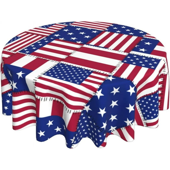 4th of July Patriotic Tablecloth Round 60 Inch Independence Day American Flag Washable Wrinkle Stain-Resistant Polyester Table Cloth Holiday Decorations For Home Party Picnic Kitchen Dining Outdoor