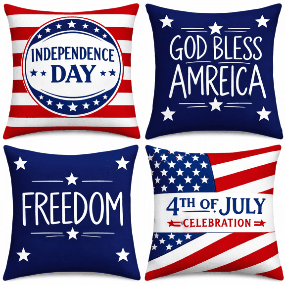 4th of July Patriotic Throw Pillow Covers 18x18, Set of 4, Red White Blue Soft Plush Outdoor Cushion Covers for Independence Day Memorial Day, Farmhouse Sofa Decor