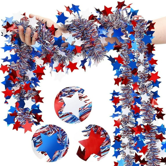 4th of July Patriotic Tinsel Garland Decoration 2 Pack 13ft, Red, White and Blue Tinsel Garland with Star Metallic Glitter Hanging Garland for Independence Day Indoor and Outdoor Decorations