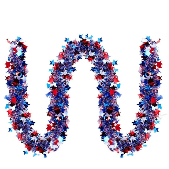 4th of July Patriotic Tinsel Garland Decoration 200CM, Red, White and Blue Tinsel Garland with Star Metallic Glitter Hanging Garland for Independence Day Indoor and Outdoor Decorations