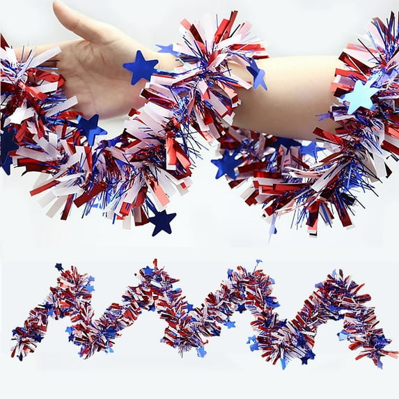 4th of July Patriotic Tinsel Garland Decoration Red White Blue Metallic Chunky Glitter Tinsel for Independence Day Memorial Day Celebration Holiday Decorations