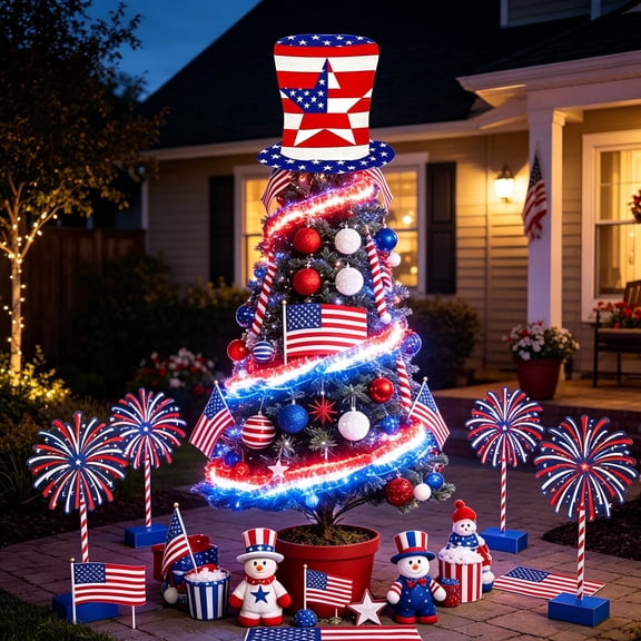 4th of July Patriotic Tree Topper Hat, Uncle Sam Star & Stripe Design, Polyester Party Decor, Holiday Tree Topper, 11.0×8.8In for Independence Day Celebration