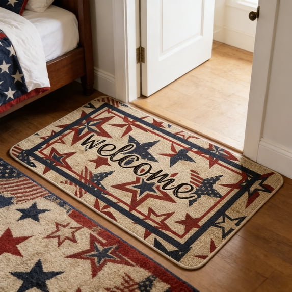 4th of July Patriotic Welcome Doormat Red White Blue Star Spangled Door Mat Non Slip Washable Entry Rug for Independence Day Memorial Day Porch Outdoor Indoor Home Decor