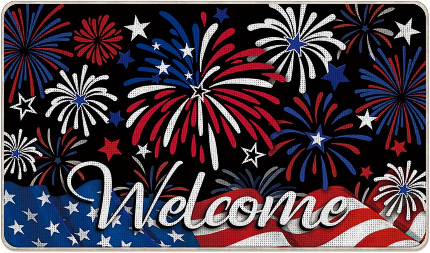 4th of July Patriotic Welcome Front Door Mat, America Fireworks Stars Decorative Doormat Non-Slip Floor Entryway Rug, American USA Indoor Outdoor Home Kitchen Decoration 17x29 Inches