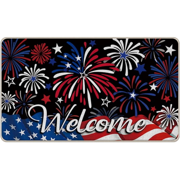 4th of July Patriotic Welcome Front Door Mat, America Fireworks Stars Decorative Doormat Non-Slip Floor Entryway Rug, American USA Indoor Outdoor Home Kitchen Decoration 17x29 Inches