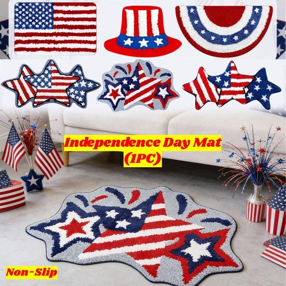 4th of July Patriotic Welcome Mat, Thickened American Flag Soft Plush Door Mat, Non-Slip Independence Day Bathroom Rug, Washable Floor Mat for Kitchen Entryway, 30x16 In, Lazyguy