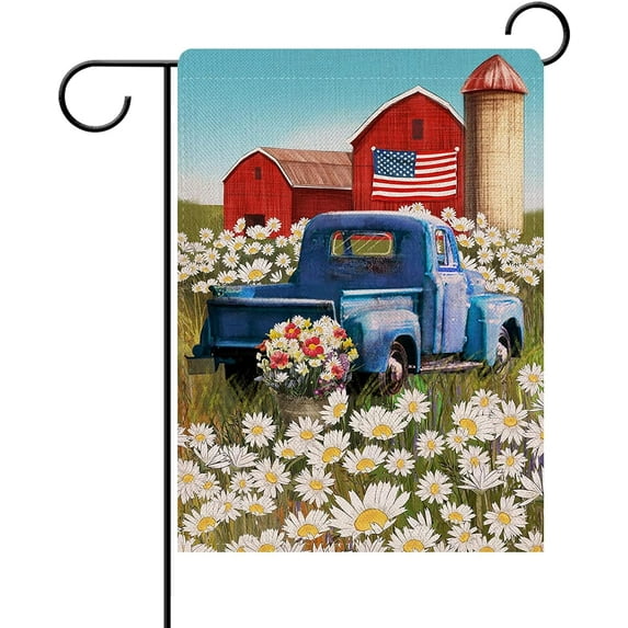 4th of July Patriotic Welcome Memorial Day Garden Flag Double Sided, Rustic Farm Old Red Truck House Yard Flag, Daisy Garden Yard Flower Decorations, USA Outdoor Flag 12.5 x 18 Gift