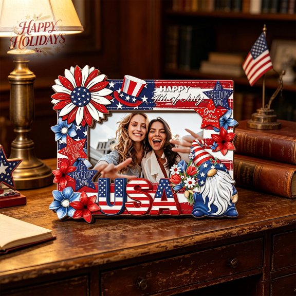 4th of July Patriotic Wooden Photo Frame, American Flag Star Decor Picture Frame for Tabletop Display, Independence Day Photo Holder, Christmas Holiday Decoration for Office, Family & Indoor Display