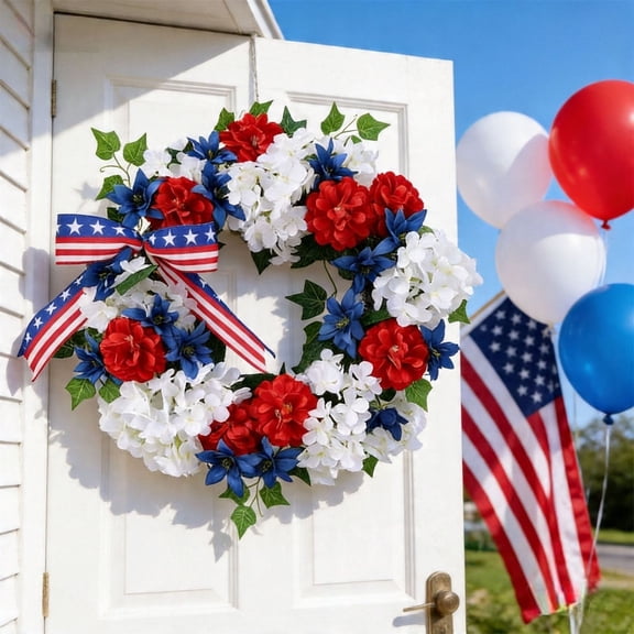 4th of July Patriotic Wreath, 17.7 Inch Red White Blue Floral Wreath for Front Door, 250th Anniversary USA Outdoor Decor, Memorial Day Summer Wreath for Home Party Gift