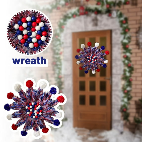 4th of July Patriotic Wreath for Front Door - 14 Inch Red White Blue Mesh Wreath with Pom-Poms & Bead Center,Ideal for Independence Day,Memorial Day & Veterans Day Decor