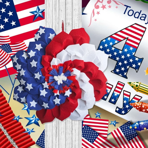 4th of July Patriotic Wreath for Front Door– 15.75 inch 250th Anniversary American Flag Theme Red White Blue Handmade Flower Shaped Wreath,Memorial Day Independence Day Hanging Decoration