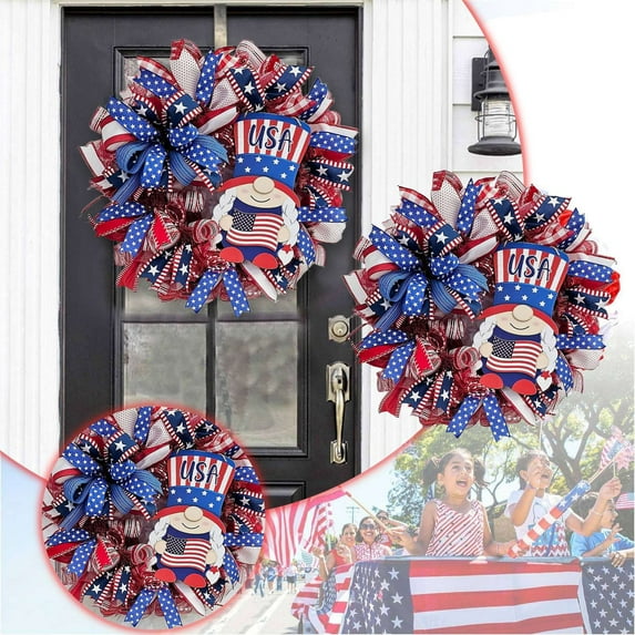 4th of July Patriotic Wreath, Memorial Day Pride Garland for Front Door, Red White and Blue Flag Wreath, Independence Swag Indoor Outdoor Wall Holiday Decor Home