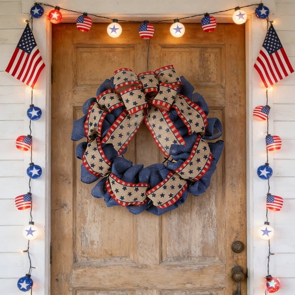 4th of July Patriotic Wreath, Red White & Blue American Flag Decor, Independence Day Farmhouse Wreath with Burlap Bow, Memorial Day & Summer Holiday Front Door Garland