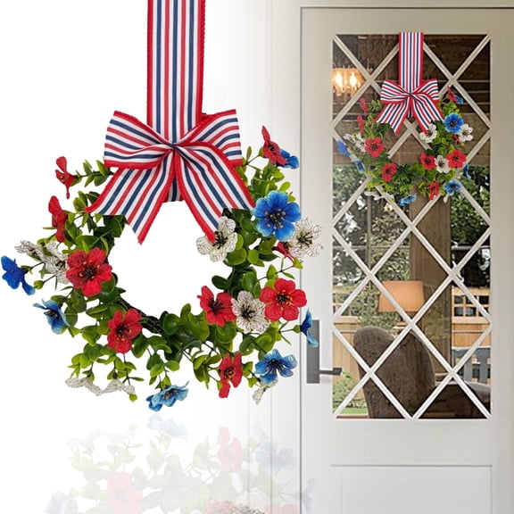 4th of July Patriotic Wreaths for Cabinets, Hanging Red White Blue Wreath, Small Roses Memorial Day Wreath, Candle Holder Wreath with Red Stripes, Memorial Day Decorations for Front Door 9.45"