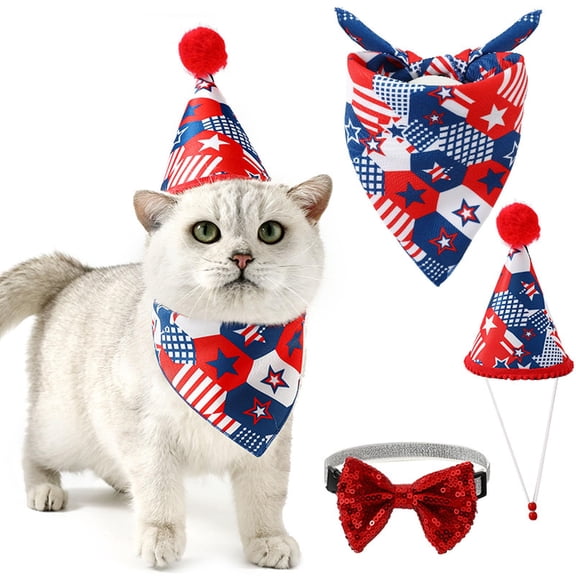 4th of July Pet Costume Set- Uncle Sam Hat & American Flag Bandana Bowknot Collar Set for Dogs and Cats,3PCS Stars Stripes Pattern Independence Day Pet Outfit S