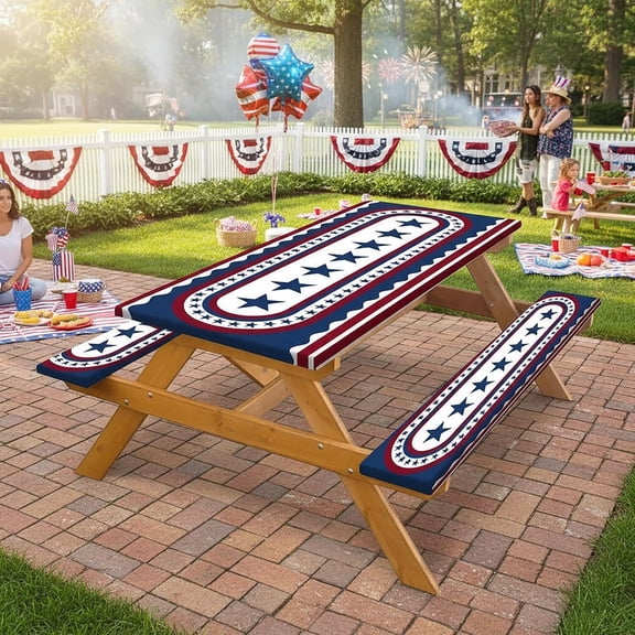 4th of July Picnic Table Cover with Bench Covers, Patriotic USA Stars Waterproof Elastic Fitted Tablecloth, Independence Day Outdoor Camping Patio Essentials 3PCS with ,60in