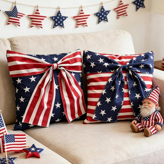 4th of July Pillow Cover 18x18 Inch Set of 2 Bow America Flag Stars Stripes Patriotic 3D Pillowcase Memorial Independence Day Decorations for Holiday Farmhouse Home Sofa Cushion Case,A,B