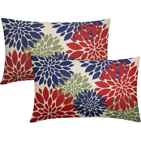 4th of July Pillow Covers 12X20 Inch Set of 2, Patriotic Red Blue Green Dahlia Floral Print Holiday Decorative Rectangle Throw Pillow Covers Outdoor Farmhouse Cushion Case for Couch Sofa Bed Decor