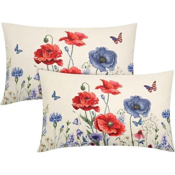 4th of July Pillow Covers 12x20 Inch Red Blue Floral Patriotic Outdoor Decorative Throw Pillow Covers Set of 2 Independence Day Pillowcases Farmhouse Cotton Linen Cushion Covers for Couch Home Decor