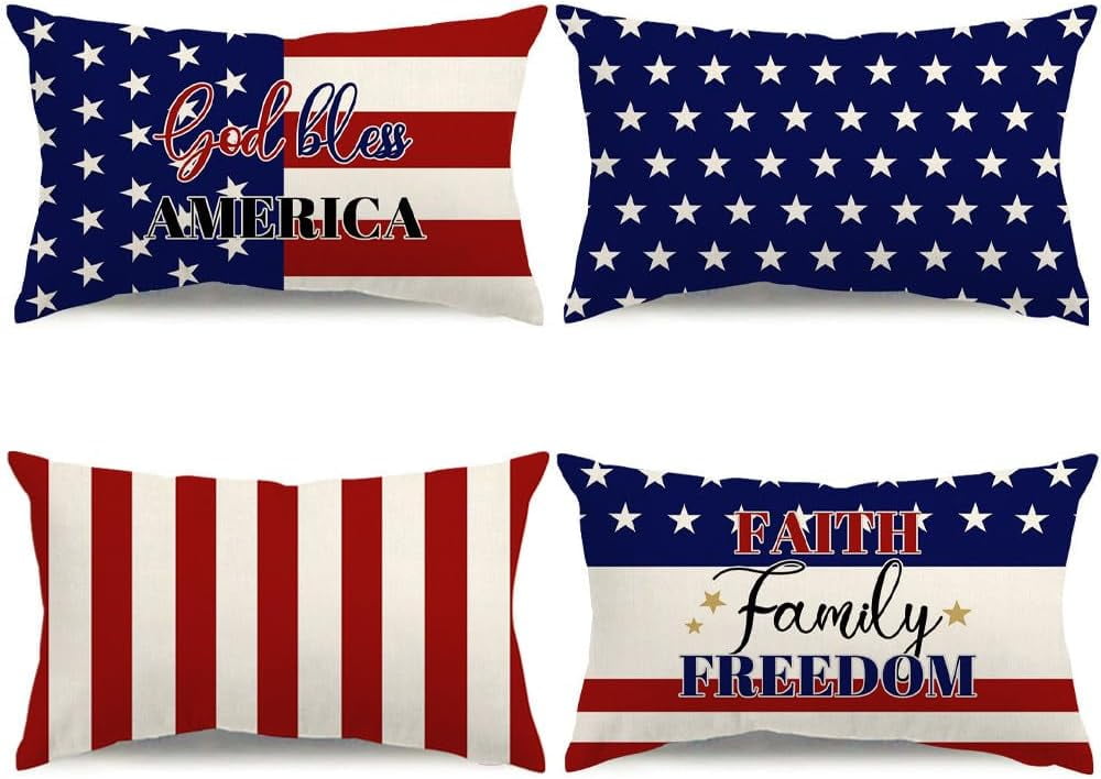 Patriotic 4th Of July Pillow Cover 12x20 Inch - God Bless America Flowers Vase Decor, Burlap Feel