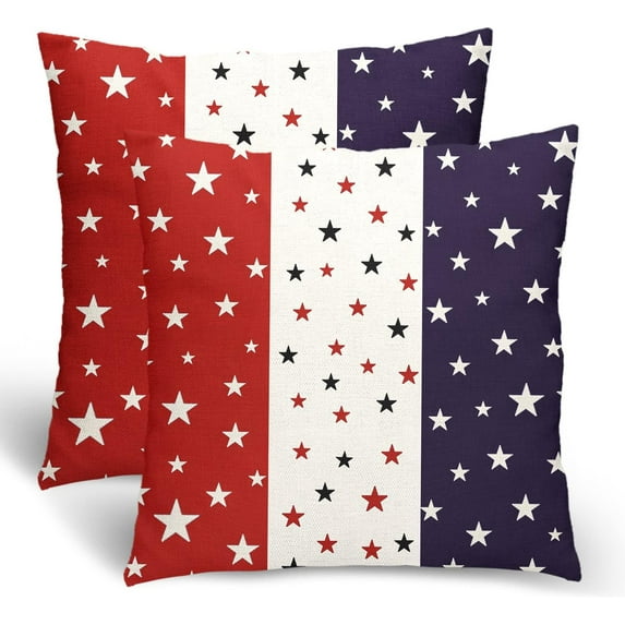 4th of July Pillow Covers 16x16, Memorial Day Patriotic Outdoor Decorative Throw Pillows for Couch, Red Blue White Star Decor Cushion Cover 2 Pcs American Flag Linen Pillowcase for Bed Car Safa