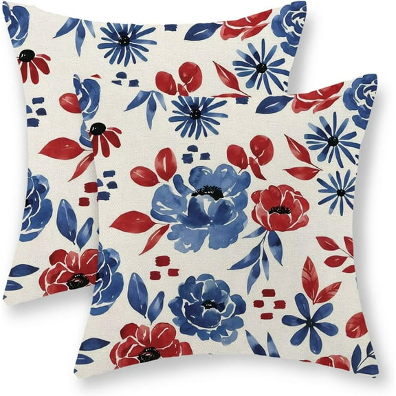 4th of July Pillow Covers 16x16 Set of 2 Blue Red Flower Throw Pillows Patriotic Independence Memorial Day Decorative Pillowcase Linen Outdoor Farmhouse Floral Cushion Case for Couch Decor