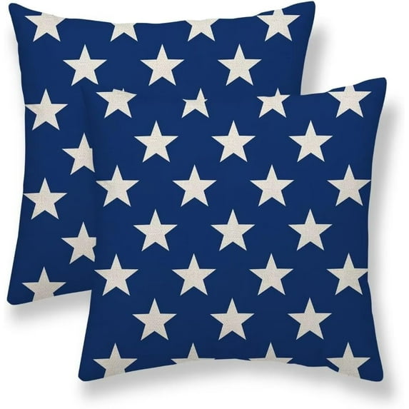 4th of July Pillow Covers 16x16 Set of 2, Memorial Day Independence Day Blue Star Throw Pillow Covers American Patriotic Outdoor Cushion Cases Linen Decorative for Couch Sofa