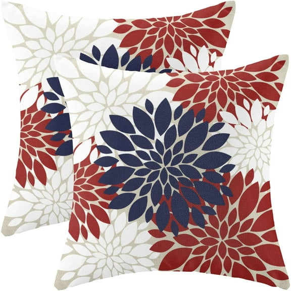 4th of July Pillow Covers 16x16 Set of 2, Red Navy Blue White Dahlia Floral Decorative Throw Pillows Linen Geometric Flower Modern Style Cushion Pillow Covers for Sofa Couch Outdoor Decor