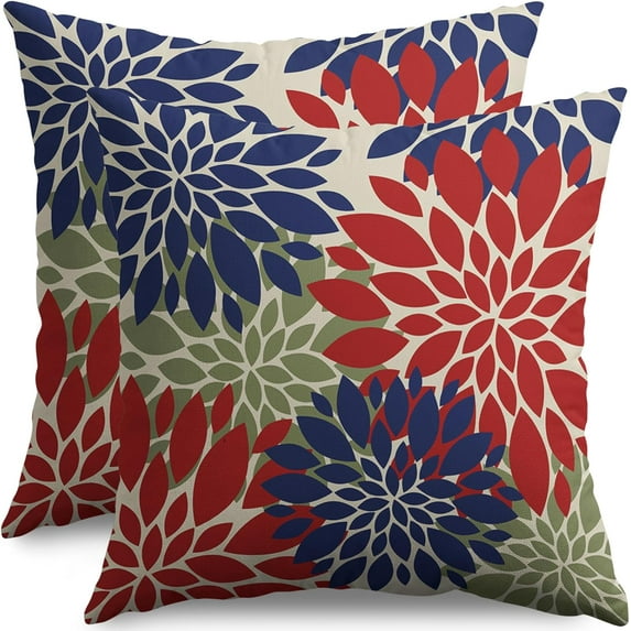 4th of July Pillow Covers 18X18 Inch Set of 2, Patriotic Red Blue Green Dahlia Floral Print Holiday Decorative Throw Pillow Covers Outdoor Farmhouse Cushion Case for Couch Sofa Bed Decor