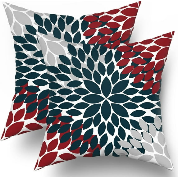 4th of July Pillow Covers 18X18 in Patriotic Navy Blue Red Grey Dahlias Floral Decorative Couch Pillow Cases Set of 2 Farmhouse Throw Pillows Home Decor for Room Bedroom Bed Cushion Outdoor