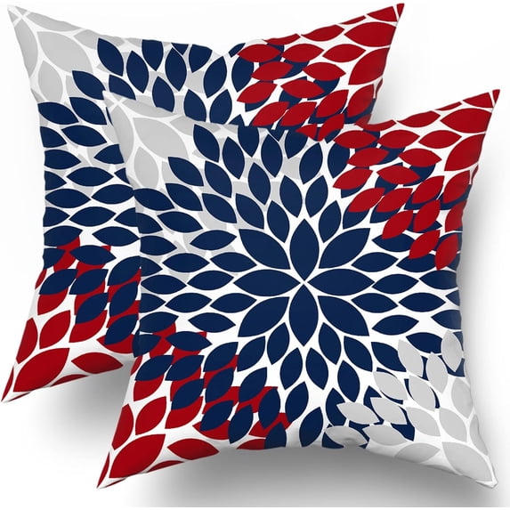 4th of July Pillow Covers 18X18 in Patriotic Red Navy Blue Dahlias Floral Decorative Couch Pillow Cases Set of 2 Farmhouse Rustic Throw Pillows Home Decor for Room Bedroom Bed Cushion Outdoor