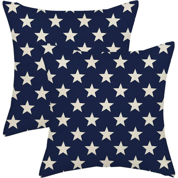 4th of July Pillow Covers 18x18 Blue and Cream Patriotic Stars Outdoor Decor Throw Pillows for Couch Independence Day Memorial Day Pillowcase Decorative Cushion Case for Sofa Bed Set of 2