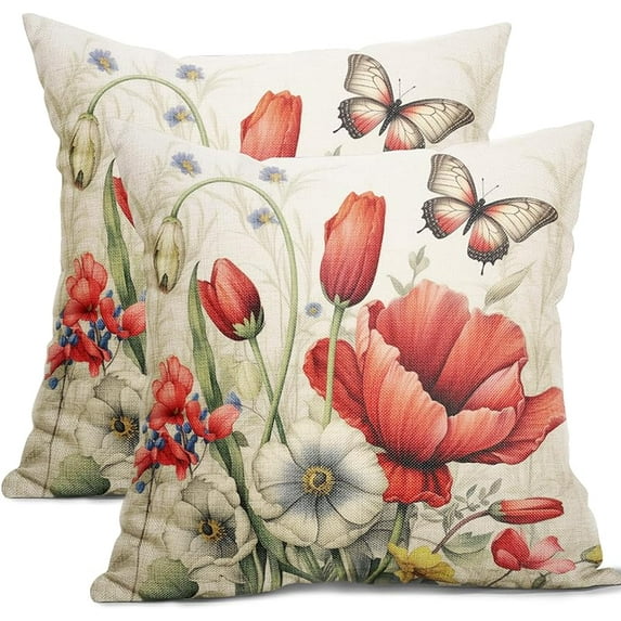4th of July Pillow Covers 18x18 Inch Red Blue Floral Patriotic Outdoor Decorative Throw Pillow Covers Set of 2 Independence Day Pillowcases Farmhouse Cotton Linen Cushion Covers for Couch Home Decor