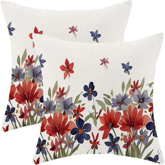 4th of July Pillow Covers 18x18 Inch Set of 2 Red Blue Floral Flower Independence Day Decor Throw Pillows Memorial Day Patriotic Outdoor Decorative Cushion Cases for Couch Bed Decorations