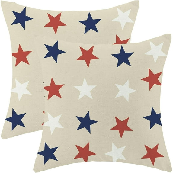 4th of July Pillow Covers 18x18 Inch Set of 2, White Blue Red Stars Decor Patriotic Throw Pillows Independence Memorial Day Pillowcase Outdoor Decorations Linen Farmhouse Cushion Case for Home