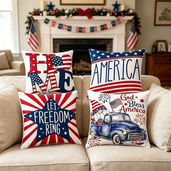 4th of July Pillow Covers 18x18 Inch Set of 4, Patriotic American Flag Stars Stripes Pillowcase, Independence Day Memorial Day Watercolor Decorative Throw Pillow Covers for Couch Sofa Home