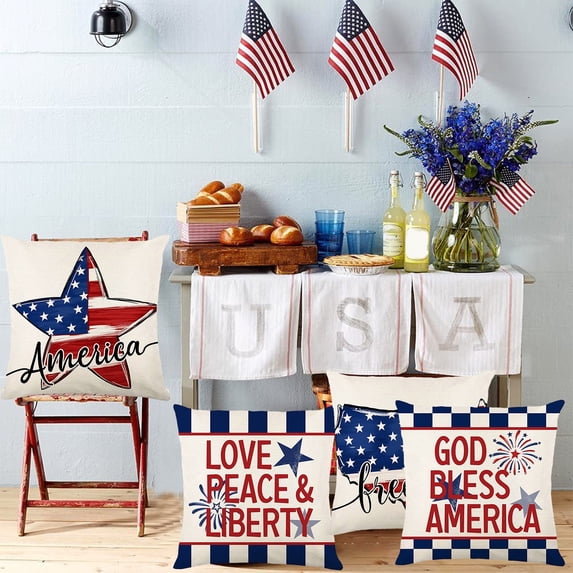 4th of July Pillow Covers 18x18 Linen Patriotic American Flag Throw Pillow Case Independence Day Decorative Cushion Cover for Sofa Home Decor by PALIFEUR