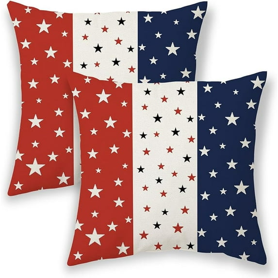 4th of July Pillow Covers 18x18, Memorial Day Patriotic Outdoor Decorative Throw Pillows for Couch, Red Blue Star Decor Cushion Cover 2 Pcs American Flag Linen Pillowcase for Bed Car Safa