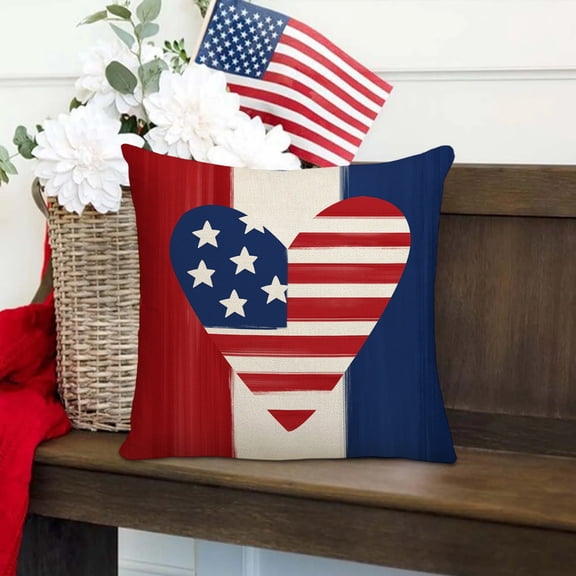 4th of July Pillow Covers 18x18, Red Stripe Blue Star Decor America Flag Throw Pillows Independence Memorial Day Pillowcase Patriotic Decorations Linen Outdoor Cushion Case for Couch