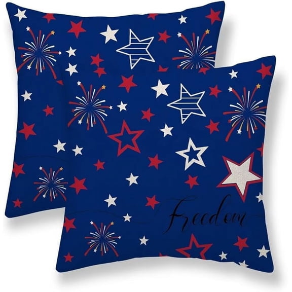 4th of July Pillow Covers 18x18 Set of 2, Independence Day Throw Pillows Linen Outdoor Memorial Day American Flag Stars Patriotic Decorative Cushion Case for Bed Couch Sofa Home Decor