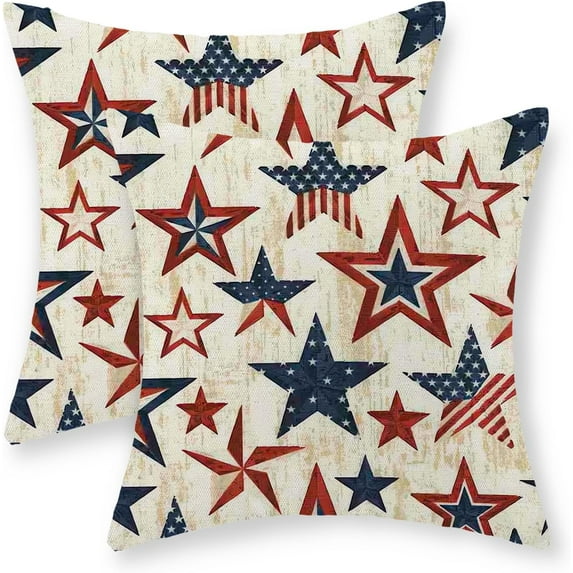 4th of July Pillow Covers 18x18 Set of 2, Red Blue Stars and Stripes Decor Patriotic Throw Pillows Independence Day Memorial Day Pillowcase Outdoor Decorations Vintage Cushion Case for Couch