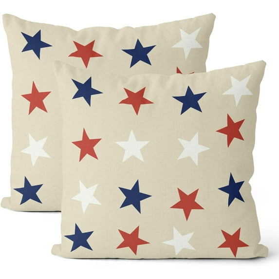 4th of July Pillow Covers 18x18 Set of 2, White Red Blue Stars Patriotic Decorations Throw Pillow Covers American Flag Independence Memorial Day Outdoors Decorative Cushion Case for Couch Sofa Home