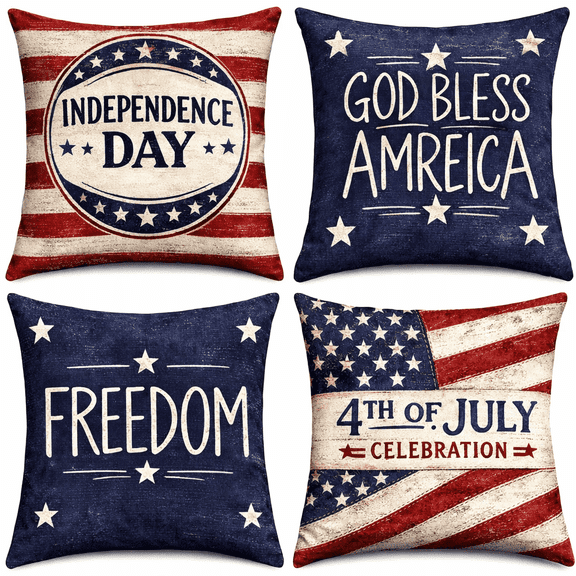 4th of July Pillow Covers 18x18 Set of 4, Retro Linen Independence Day Throw Pillow Cases, God Bless America Freedom Patriotic Cushion Covers for Sofa Couch Porch Holiday Decor