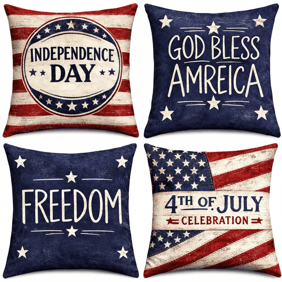 4th of July Pillow Covers 18x18 Set of 4, Retro Linen Independence Day Throw Pillow Cases, God Bless America Freedom Patriotic Cushion Covers for Sofa Couch Porch Holiday Decor