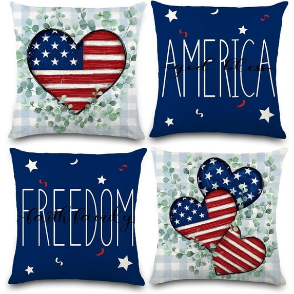 4th of July Pillow Covers 18x18 inch Independence Throw Pillow Covers Memorial Day Patriotic Pillow Cases Red Blue America Freedom Heart Decor Cushion for Holiday Home Sofa Couch