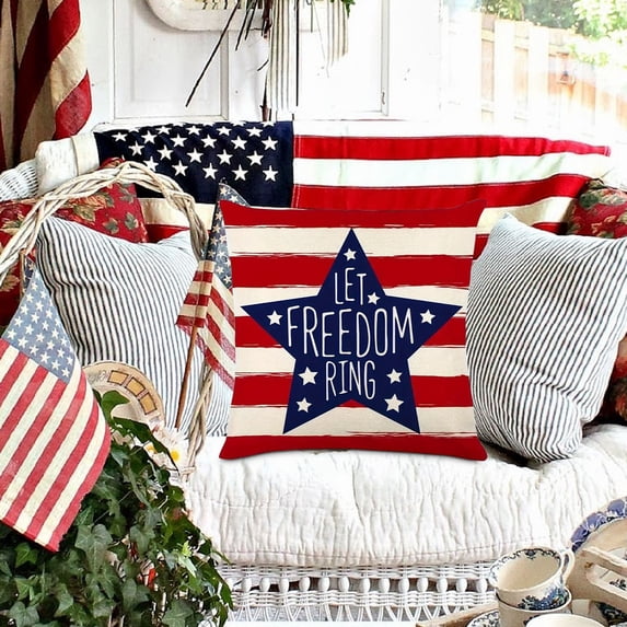 4th of July Pillow Covers 18x18 inch,Red White Blue Summer Outdoor Throw Patriotic Pillow Covers,USA Flag Linen Fourth of July Independence Memorial Day Cushion Case for Sofa Couch Decor