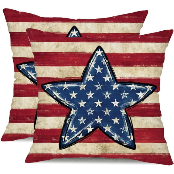 4th of July Pillow Covers 18x18 inch Set of 2 Blue Big Stars Decor Red White Stripe Throw Pillow Cover Independence Day Decorative Cushion Cases for Home Sofa Couch Chair Living Room 112E